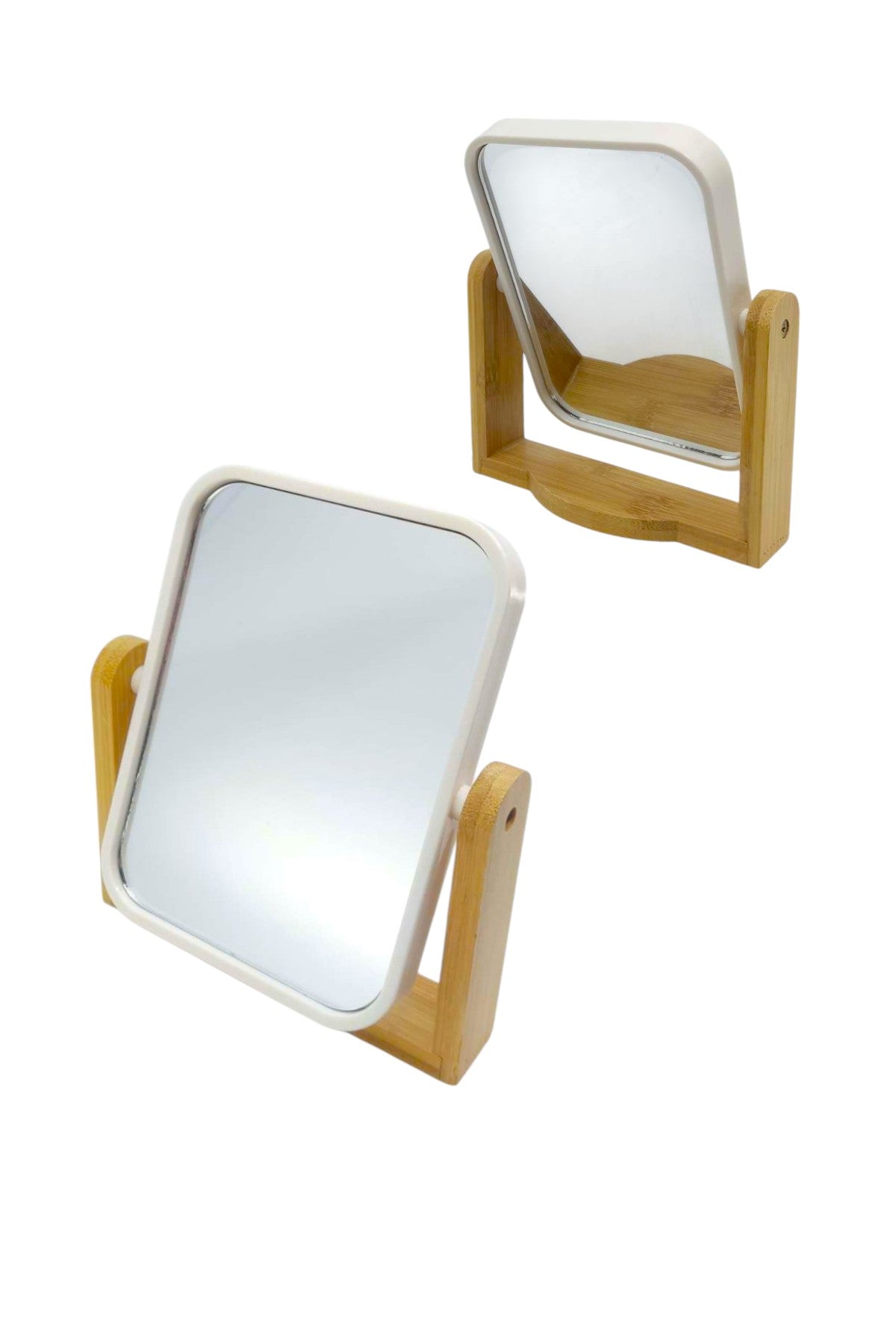Çift Taraflı Bambu Standlı Tezgah Üstü Makyaj Taraflı Aynası 11x14.7 CM SHN-1038