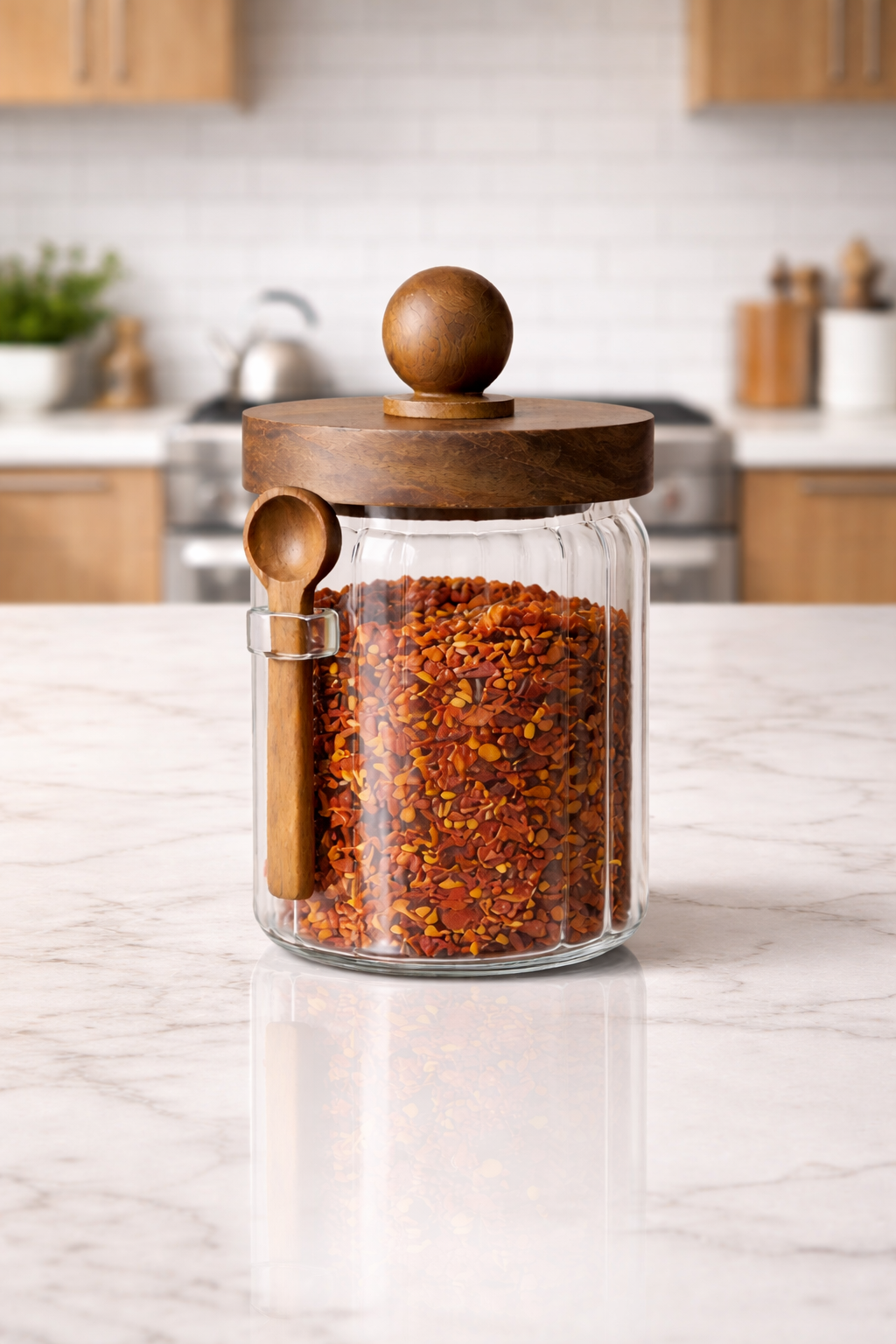 Akasya Contalı Kaşıklı Çizgili Cam Kavanoz Doğal Ahşap Kapaklı Saklama Kavanozu KW-753