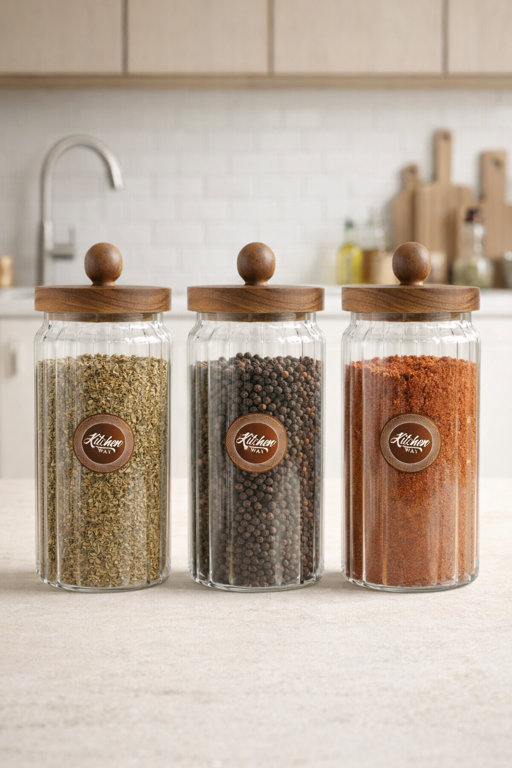 Akasya Conta Kapaklı Çizgili 3'lü Borosilikat 1200ml Kavanoz Seti KW-763