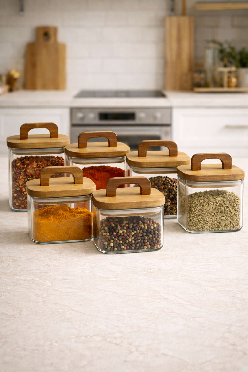 Akasya Conta Kapaklı 6'lı Borosilikat 750ml Kare Kavanoz Seti KW-776