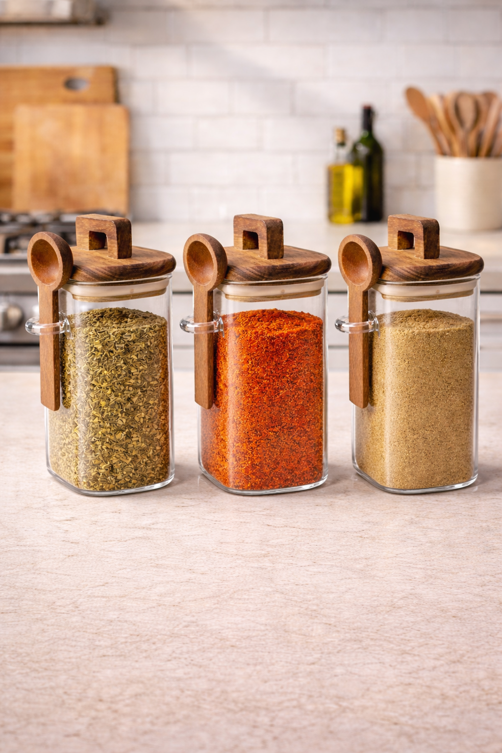 Akasya Conta Kapaklı Kaşıklı 3'lü Borosilikat 300ml Kare Kavanoz Seti KW-792