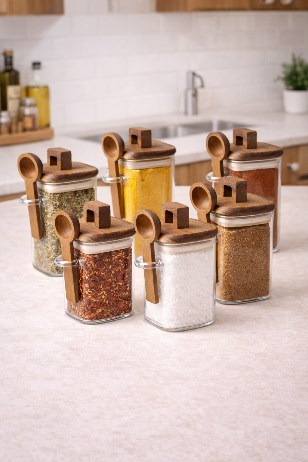 Akasya Conta Kapaklı Kaşıklı 6'lı Borosilikat 300ml Kare Kavanoz Seti KW-792