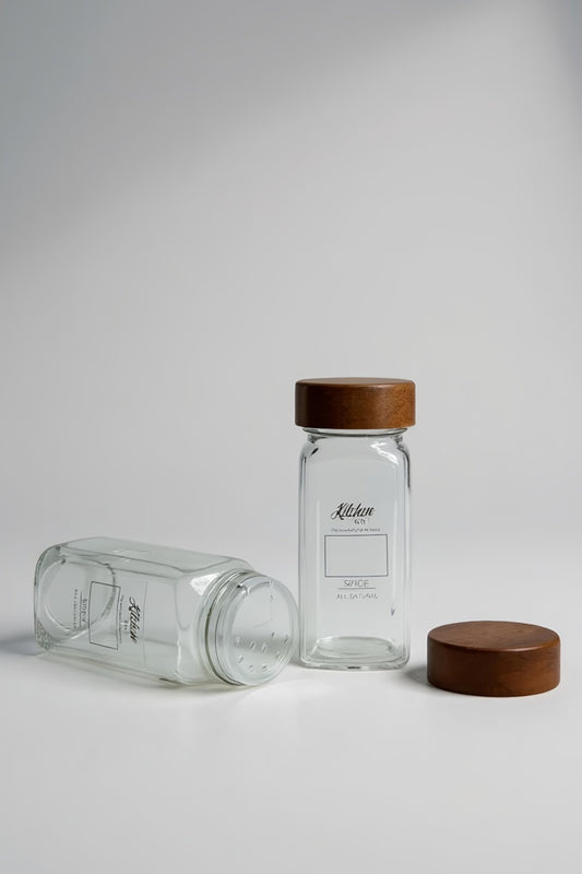 12'li Akasya Kapaklı Cam Baharatlık Tuzluk Biberlik Kavanoz KW-375