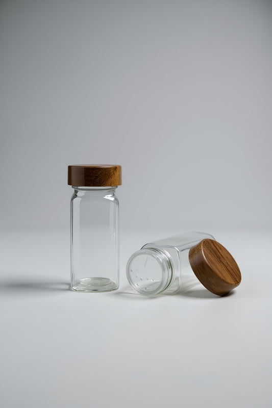 4'lü Akasya Kapaklı Cam Baharatlık Tuzluk Biberlik Standlı Kavanoz KW-833