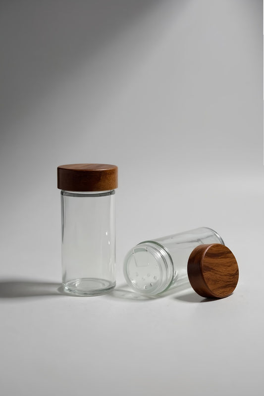 4'lü Akasya Kapaklı Cam Baharatlık Tuzluk Biberlik Standlı Kavanoz KW-834