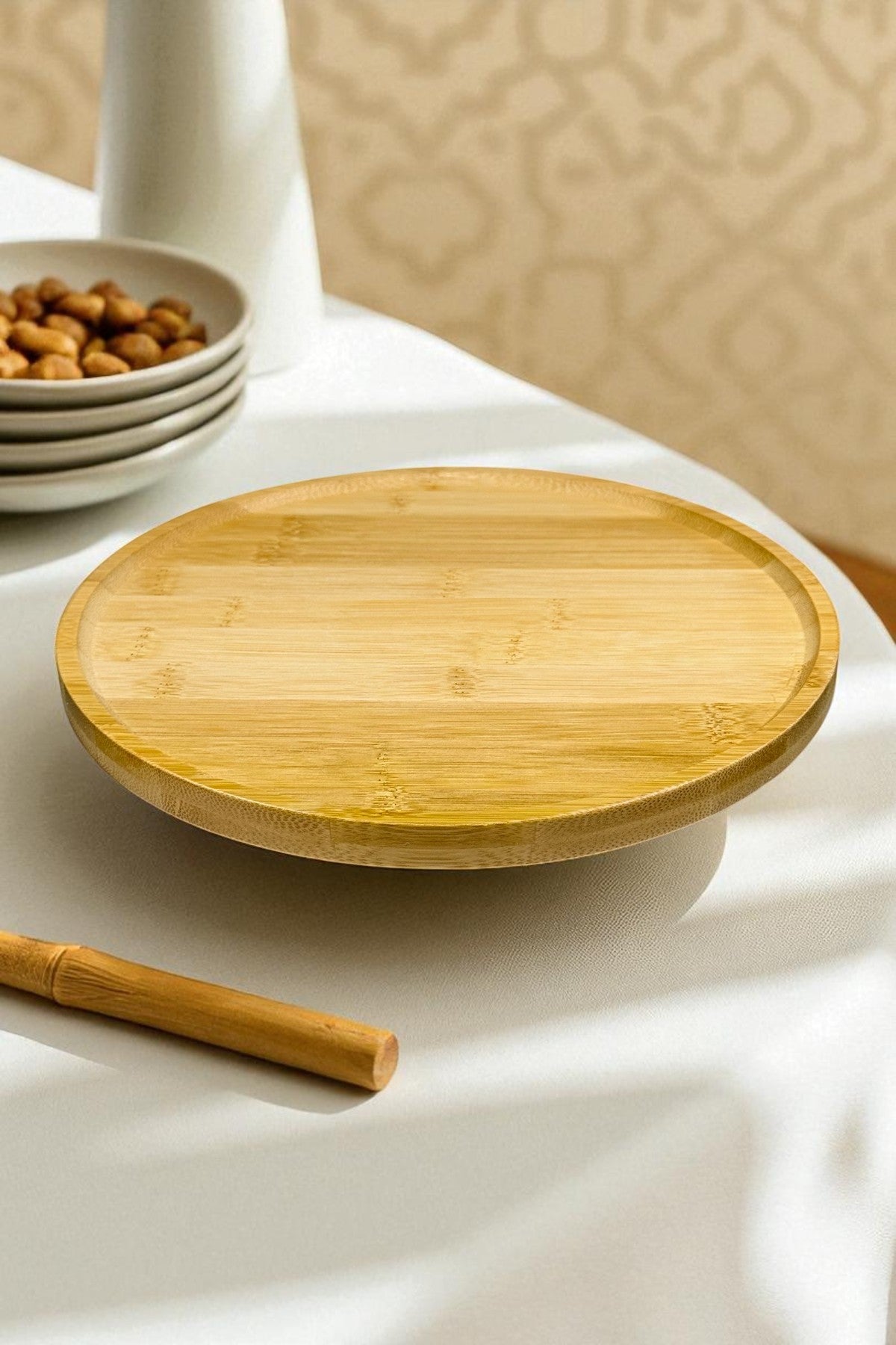 Ayaklı Bambu Sunumluk Yuvarlak Tepsi KW-924