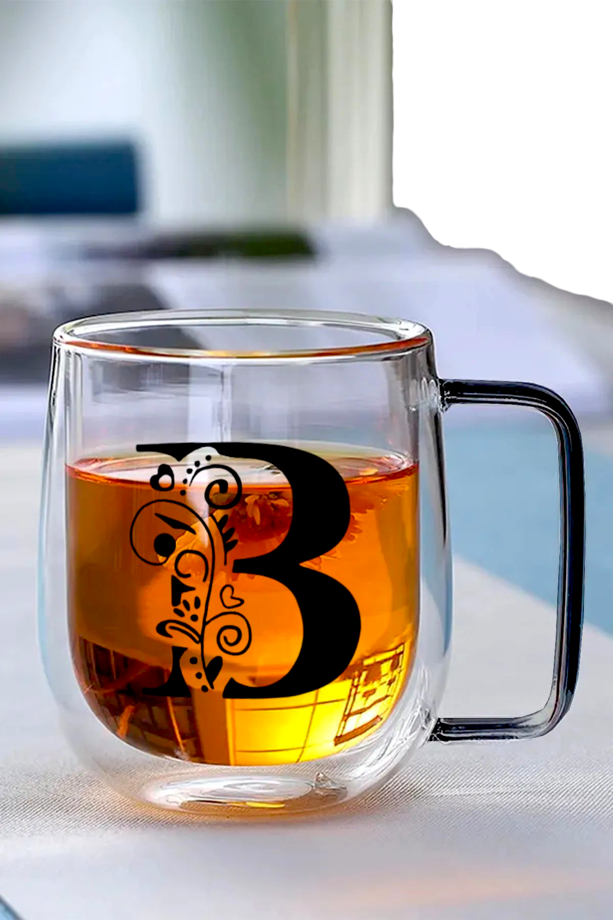 Çift Cidarlı Borosilikat 350ML Harfli Cam Bardak Kupa KW-884