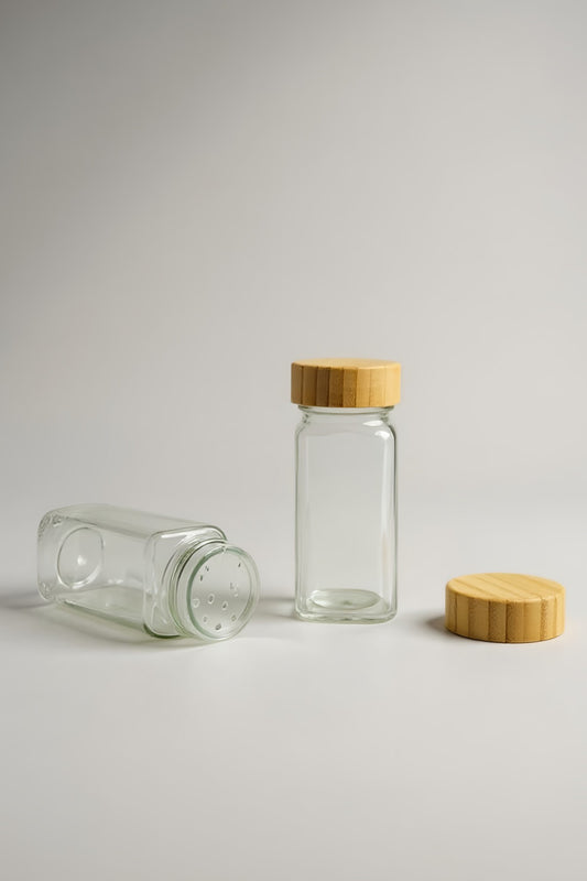 4'lü Bambu Kapaklı Cam Baharatlık Tuzluk Biberlik Standlı Kavanoz KW-835