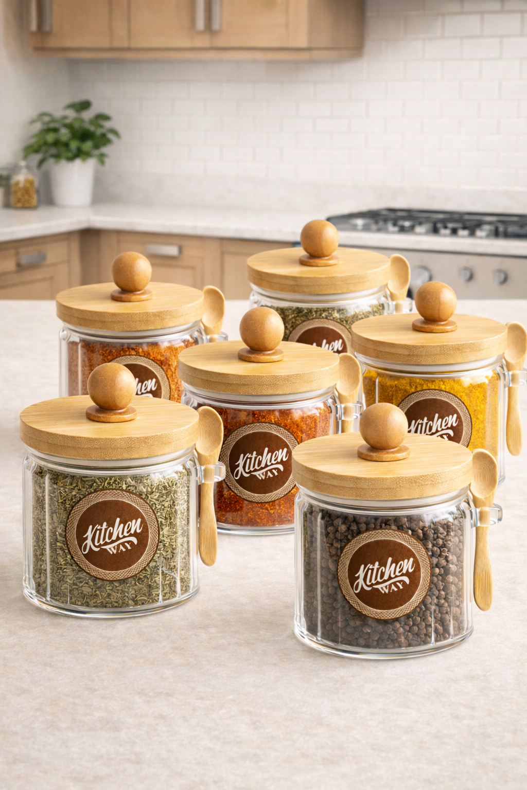 Bambu Contalı Kaşıklı Çizgili 6'lı Cam 400ml Kavanoz Doğal Ahşap Kapaklı Saklama Kavanozu Set KW-756