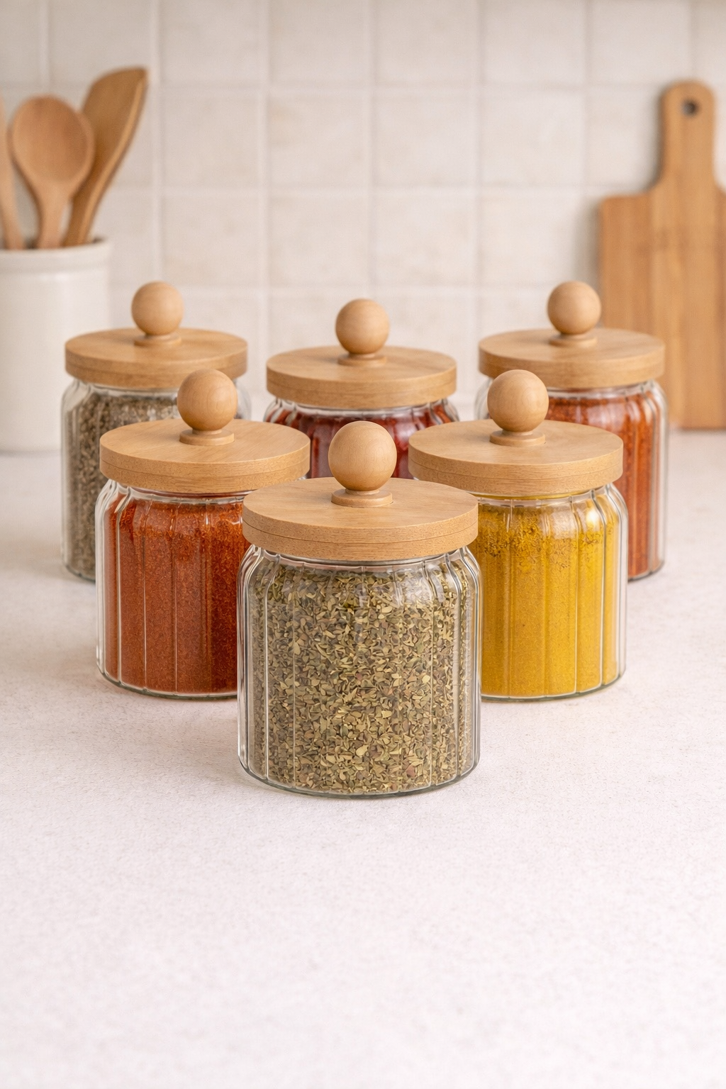 Bambu Conta Kapaklı Çizgili 3'lü Borosilikat 400ml Kavanoz Seti KW-765