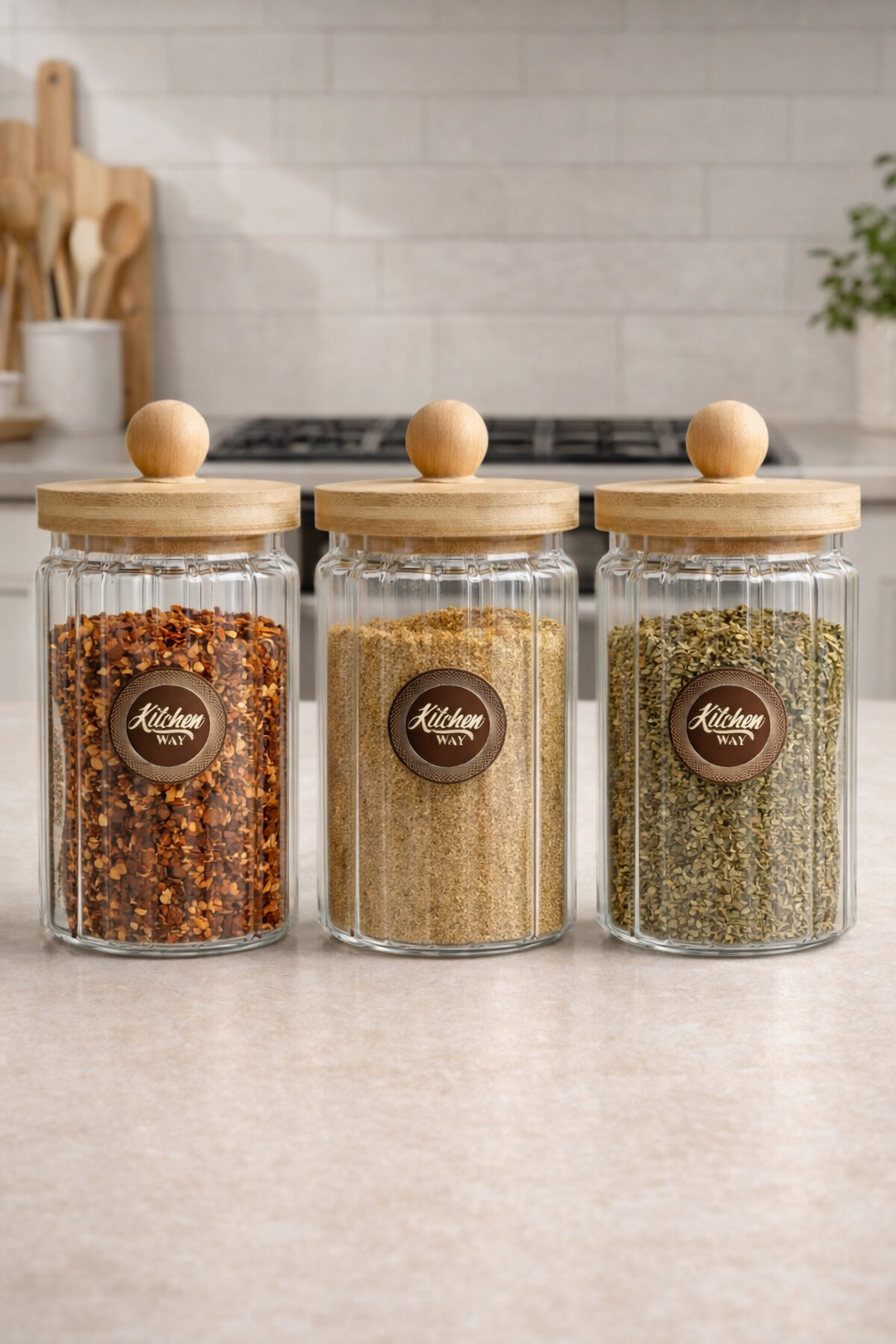 Bambu Conta Kapaklı Çizgili 3'lü Borosilikat 750ml Kavanoz Seti KW-767