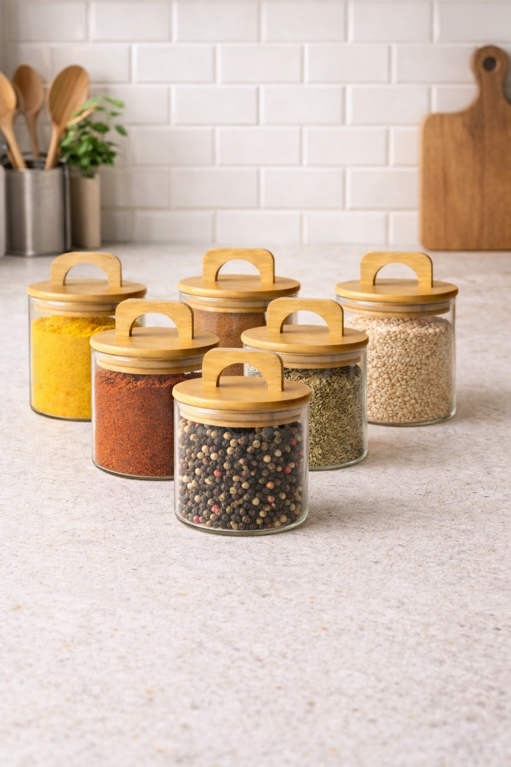 Bambu Conta Kapaklı 6'lı Borosilikat 650ml Kavanoz Seti KW-773