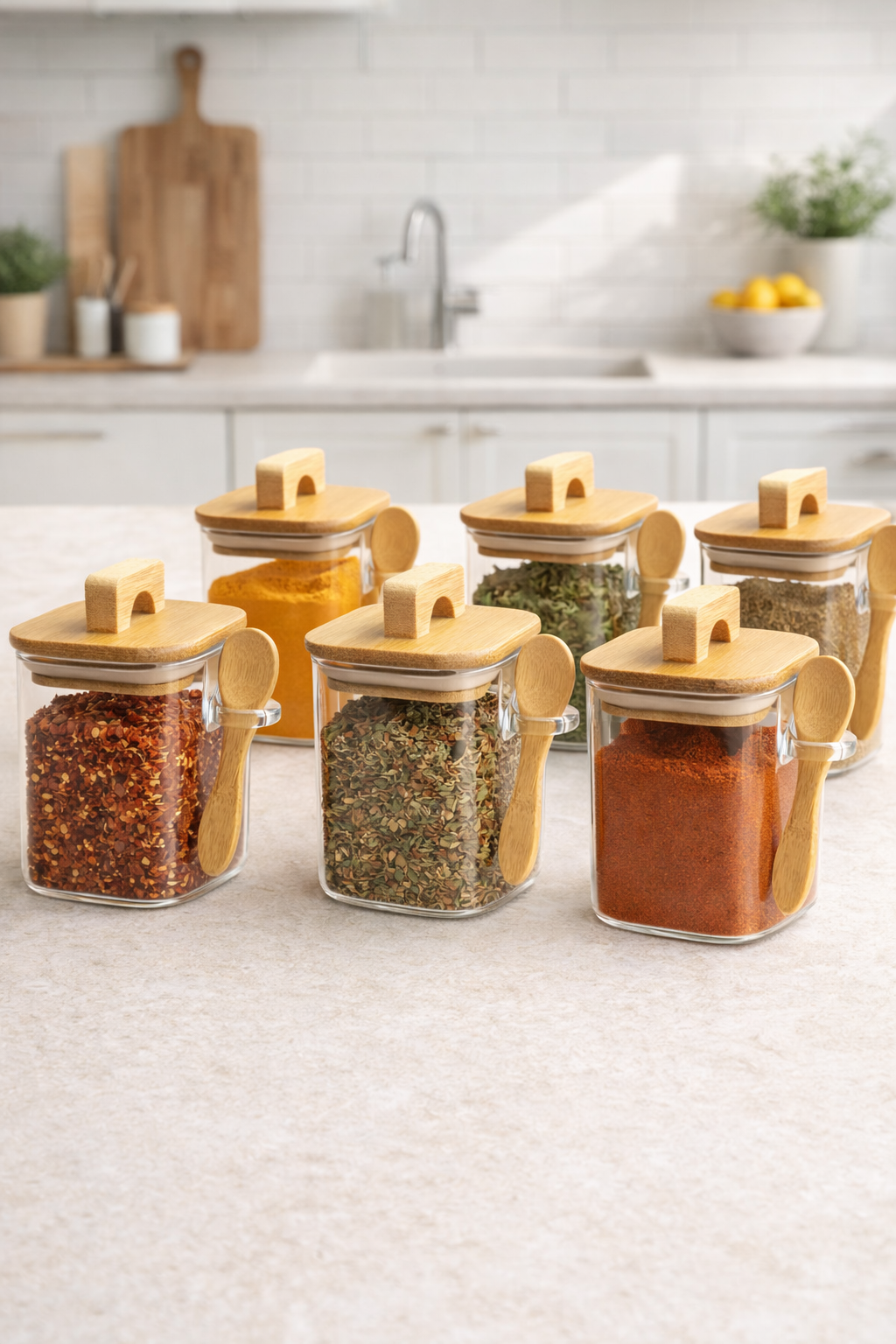 Akasya Conta Kapaklı Kaşıklı 6'lı Borosilikat 300ml Kare Kavanoz Seti KW-795