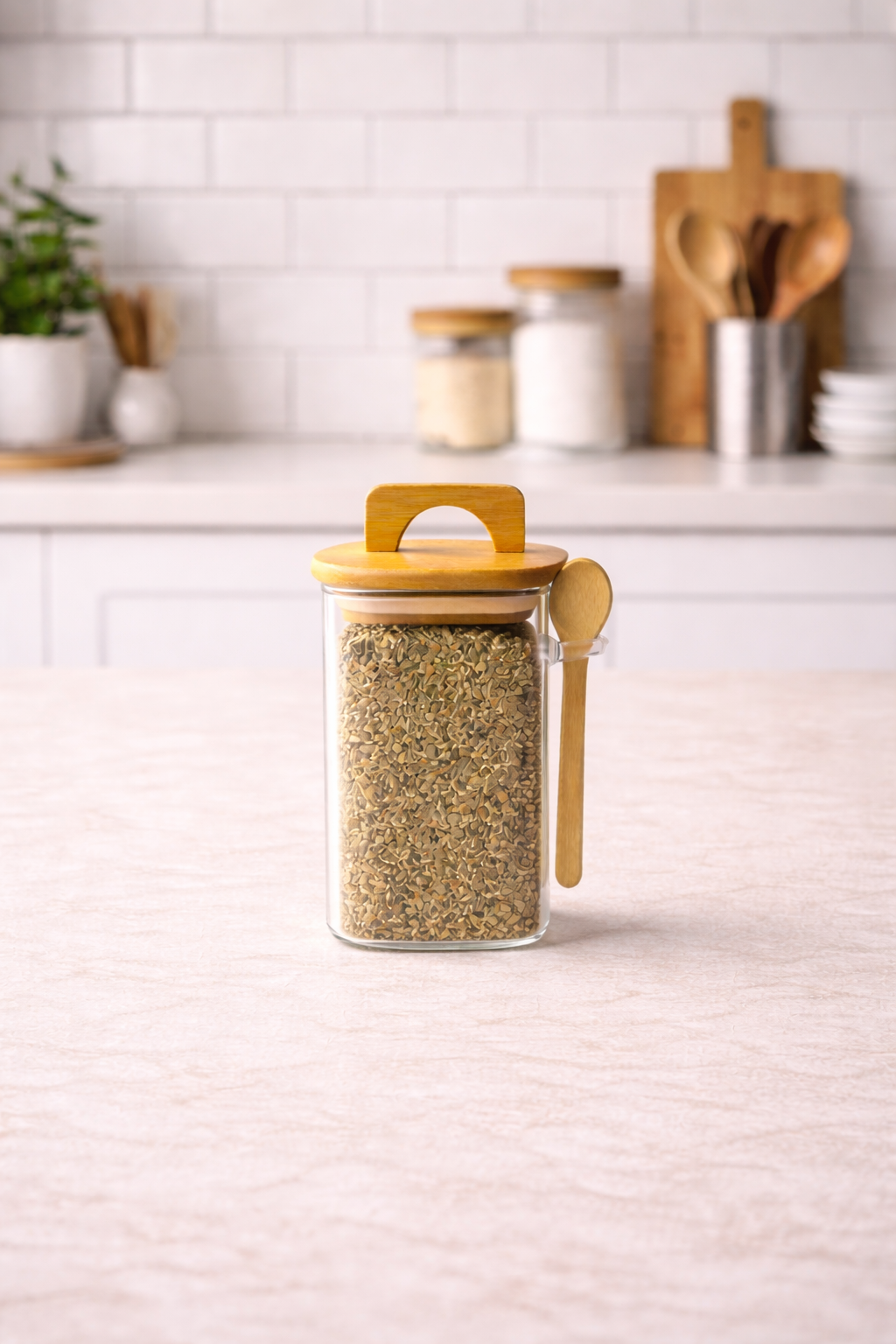 Bambu Conta Kapaklı Kaşıklı Borosilikat 250ml Kare Kavanoz KW-796