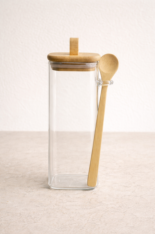 Bambu Conta Kapaklı Kaşıklı 3'lü Borosilikat 400ml Kare Kavanoz Seti KW-797