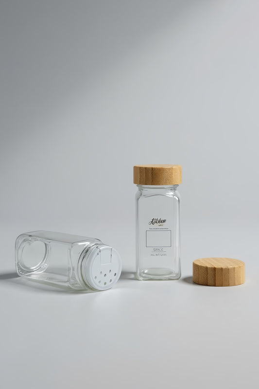 12'li Bambu Kapaklı Cam Baharatlık Tuzluk Biberlik Kavanoz KW-375-1