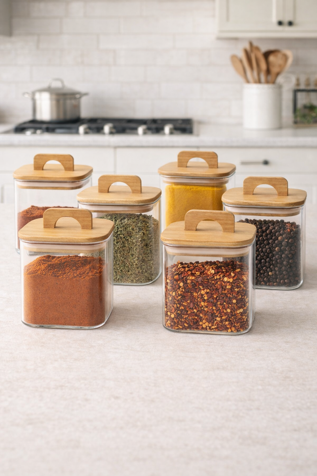 Bambu Conta Kapaklı 6'lı Borosilikat 750ml Kare Kavanoz Seti KW-779