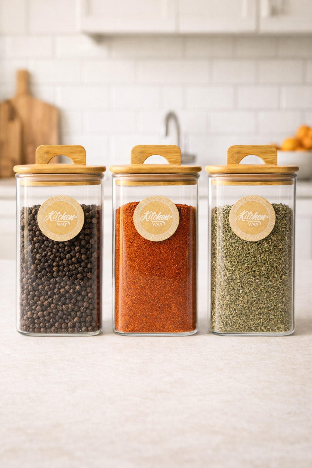 Bambu Conta Kapaklı 3'lü Borosilikat 1500ml Kare Kavanoz Seti KW-781