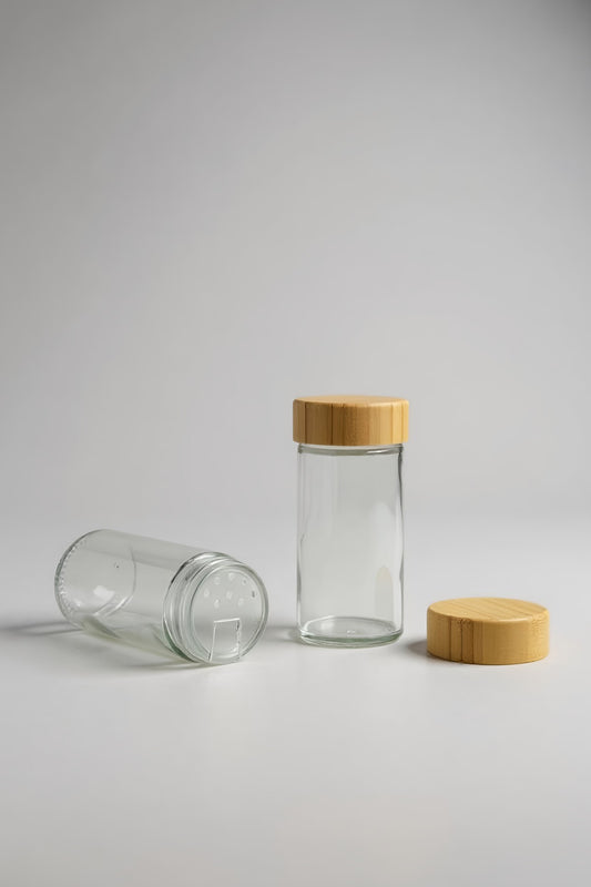 4'lü Bambu Kapaklı Cam Baharatlık Tuzluk Biberlik Standlı Kavanoz KW-836