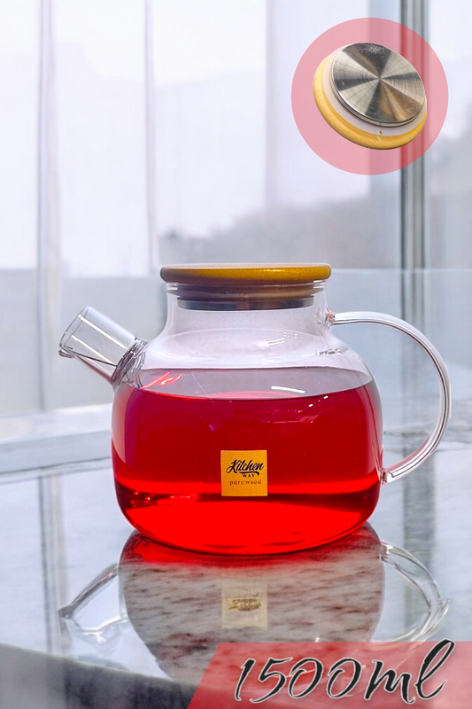 Kitchen Way Bambu Kapaklı Süzgeçli Contalı Akıtmaz Başlıklı Cam Borosilikat Demlik KW-390