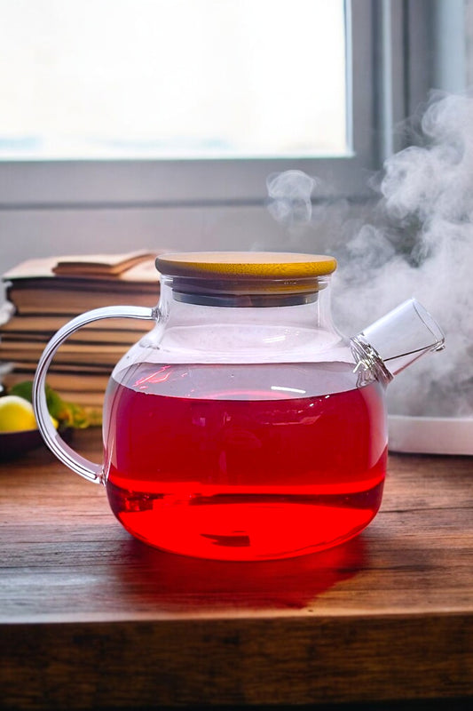 Kitchen Way Bambu Kapaklı Süzgeçli Contalı Akıtmaz Başlıklı Cam Borosilikat Demlik KW-390