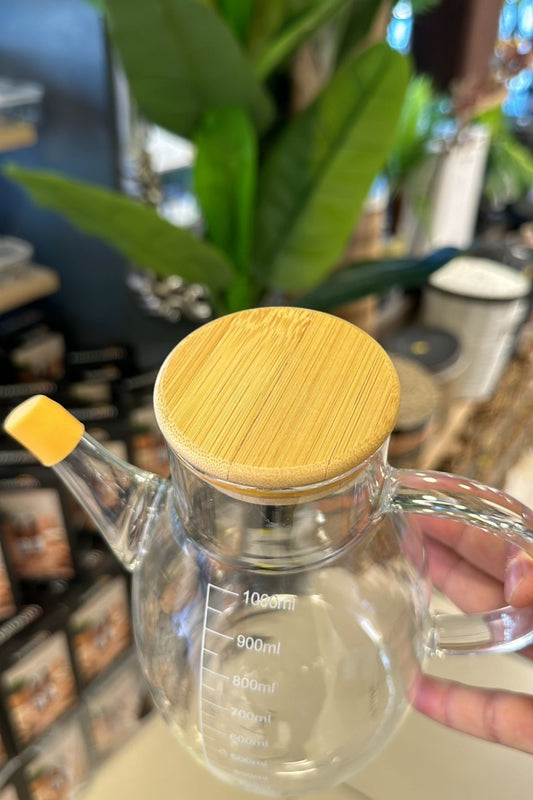 Borosilikat 1 Litre Bambu Kapaklı Contalı Cam Yağdanlık KW-082