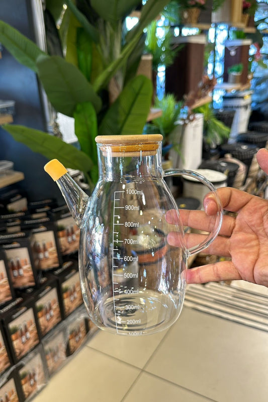 Borosilikat 1 Litre Bambu Kapaklı Contalı Cam Yağdanlık KW-082
