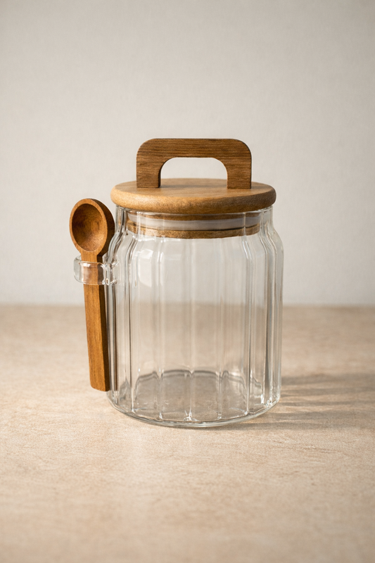 Akasya Kaşıklı Conta Kapaklı Çizgi Desenli 500ML 3lü Kavanoz Seti KW-1170
