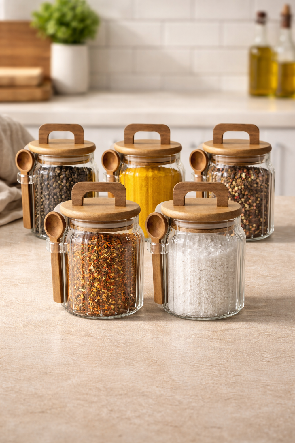 Akasya Kaşıklı Conta Kapaklı Çizgi Desenli 500ML 6lı Kavanoz Seti KW-1170