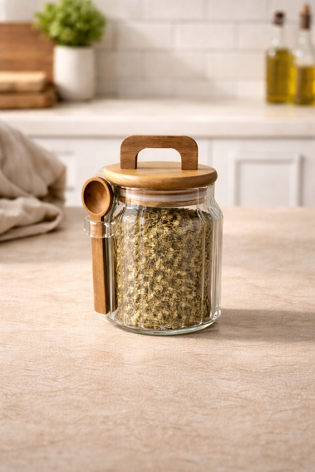 Akasya Kaşıklı Conta Kapaklı Çizgi Desenli 500ML Kavanoz KW-1170