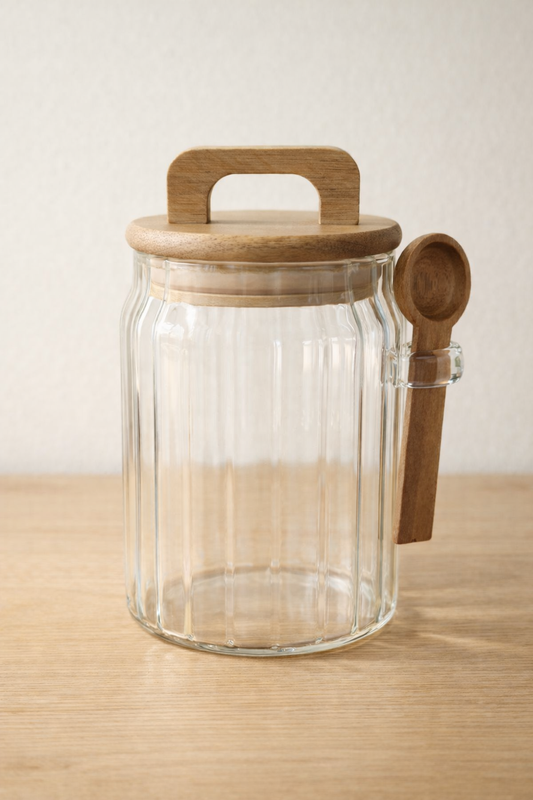 Akasya Kaşıklı Conta Kapaklı Çizgi Desenli 650ML 3lü Kavanoz Set KW-1171