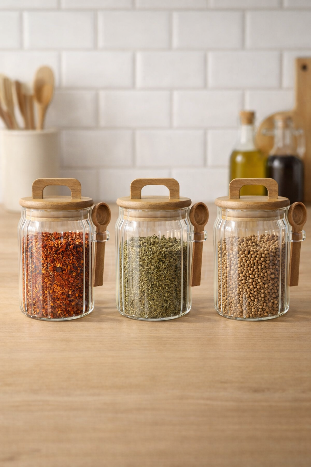 Akasya Kaşıklı Conta Kapaklı Çizgi Desenli 650ML 3lü Kavanoz Set KW-1171