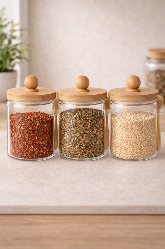 Bambu Kaşıklı Conta Kapaklı 3'lü Kavanoz Baharatlık Set KW-738