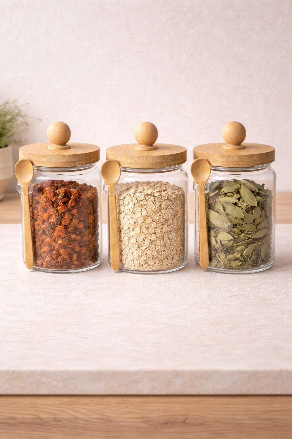 Bambu Kaşıklı Conta Kapaklı 3'lü 600ml Kavanoz Baharatlık Set KW-739