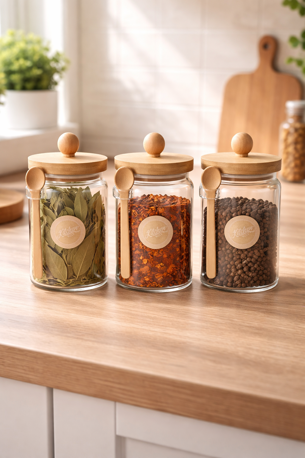 Bambu Kaşıklı Conta Kapaklı 3'lü Kavanoz Baharatlık Seti 750ML KW-740