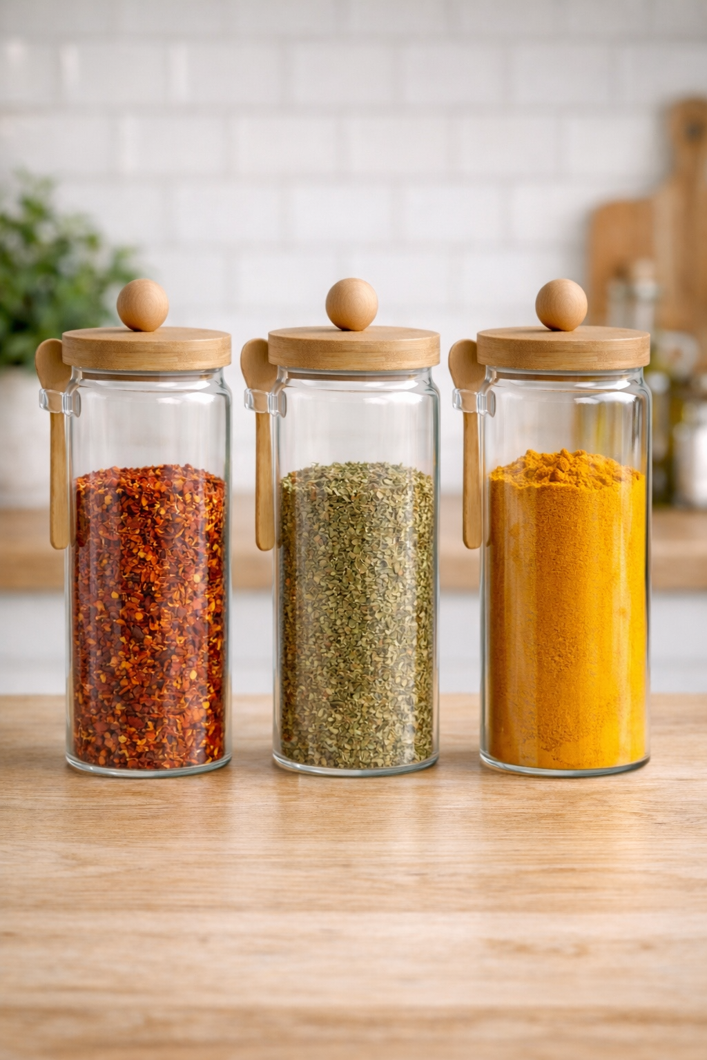 Bambu Kaşıklı Conta Kapaklı 3'lü Kavanoz Baharatlık Seti KW-741