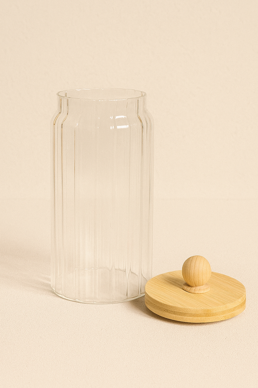 Bambu Conta Kapaklı Borosilikat 1000ml Çizgi Desenli Kavanoz KW-768