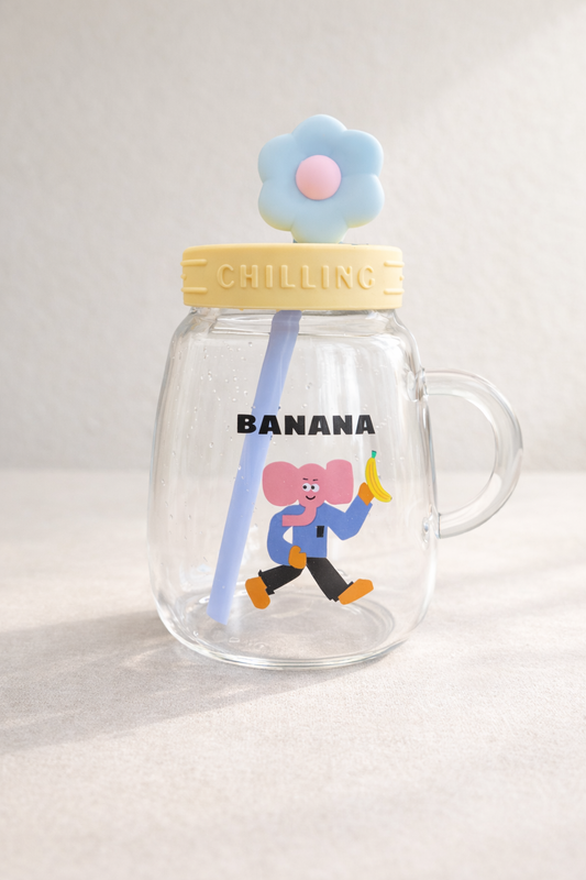 Desenli Pipetli Kapaklı 1000ML Borosilikat Lüster Sevimli Cam Matara KW-889