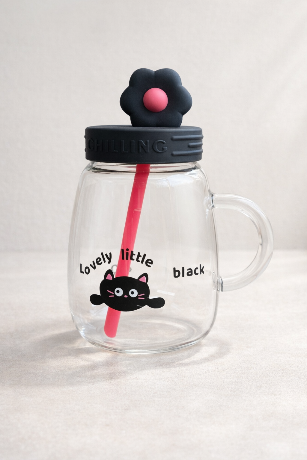 Desenli Pipetli Kapaklı 1000ML Borosilikat Lüster Sevimli Cam Matara KW-889