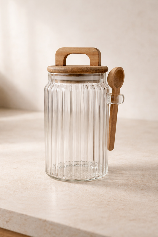 Akasya Kaşıklı Conta Kapaklı Çizgi Desenli 750ML 3lü Kavanoz Set KW-1172