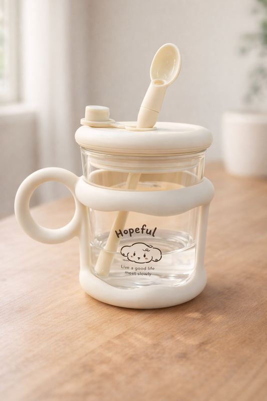 Sevimli Pipetli Kaşıklı Cam Matara 450ML Günlük Kullanıma Uygun Pratik Tasarım KW-893