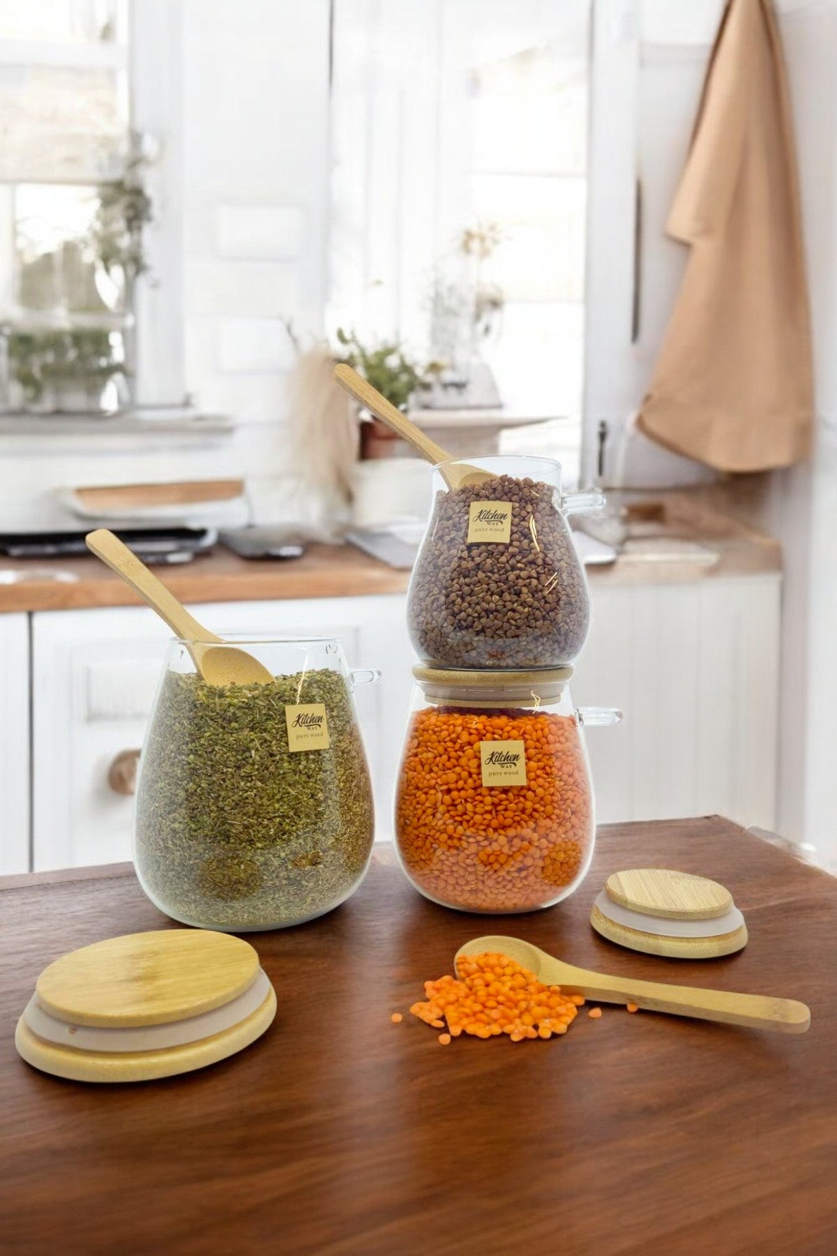 3'lu Set Bambu Kaşıklı Borosilikat Isıya Dayanaklı Kavanoz KW-389A-KW-389B-KW-389C