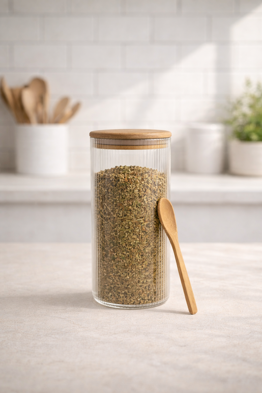 Bambu Kaşıklı Borosilikat 1500ML Çizgi Desenli Yuvarlak Cam Kavanoz KW-372F