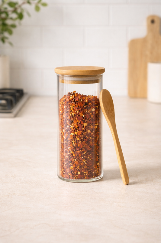 Bambu Kaşıklı Kulplu Borosilikat 400ML Çizgi Desenli Kare Kavanoz KW-373F