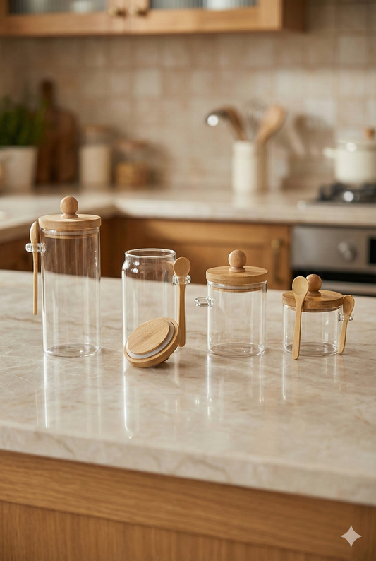 Bambu Kaşıklı Conta Kapaklı Kavanoz Set Baharatlık KW-730-740 Series