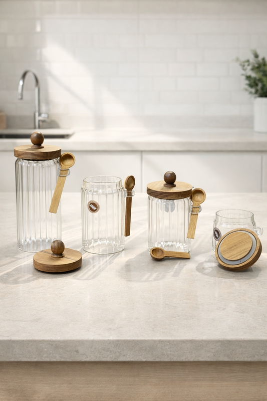 Akasya Kaşıklı Conta Kapaklı Çizgi Desenli Kavanoz Set Baharatlık KW-750 Series