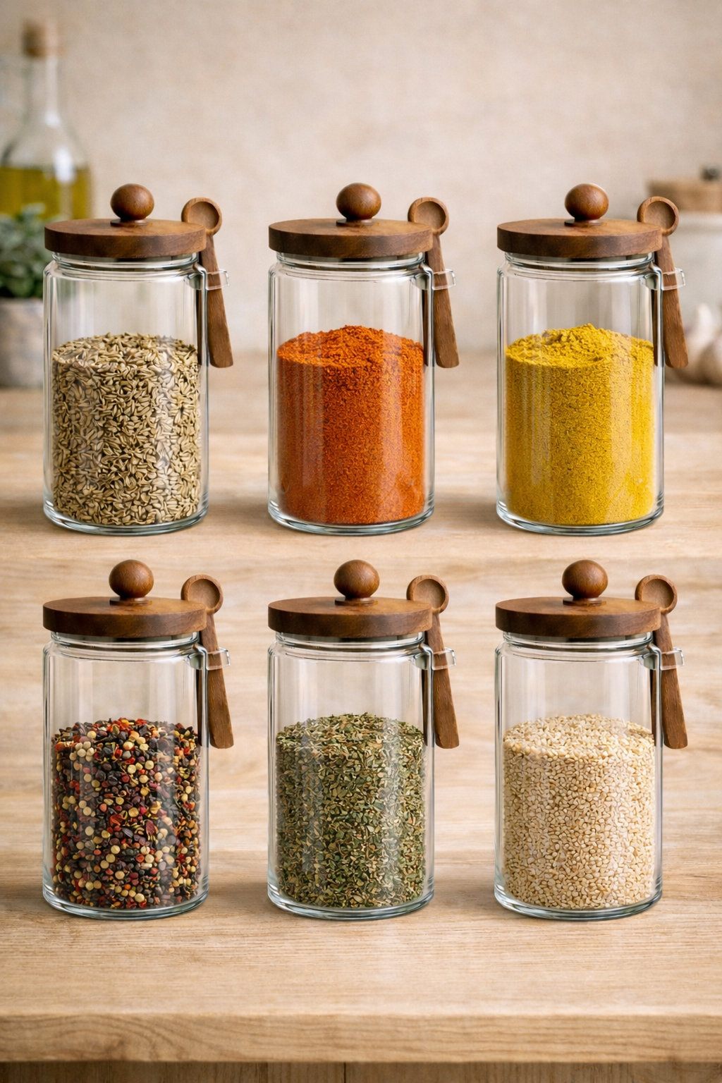 Akasya Kaşıklı Conta Kapaklı 6'lı Kavanoz Baharatlık Seti KW-737