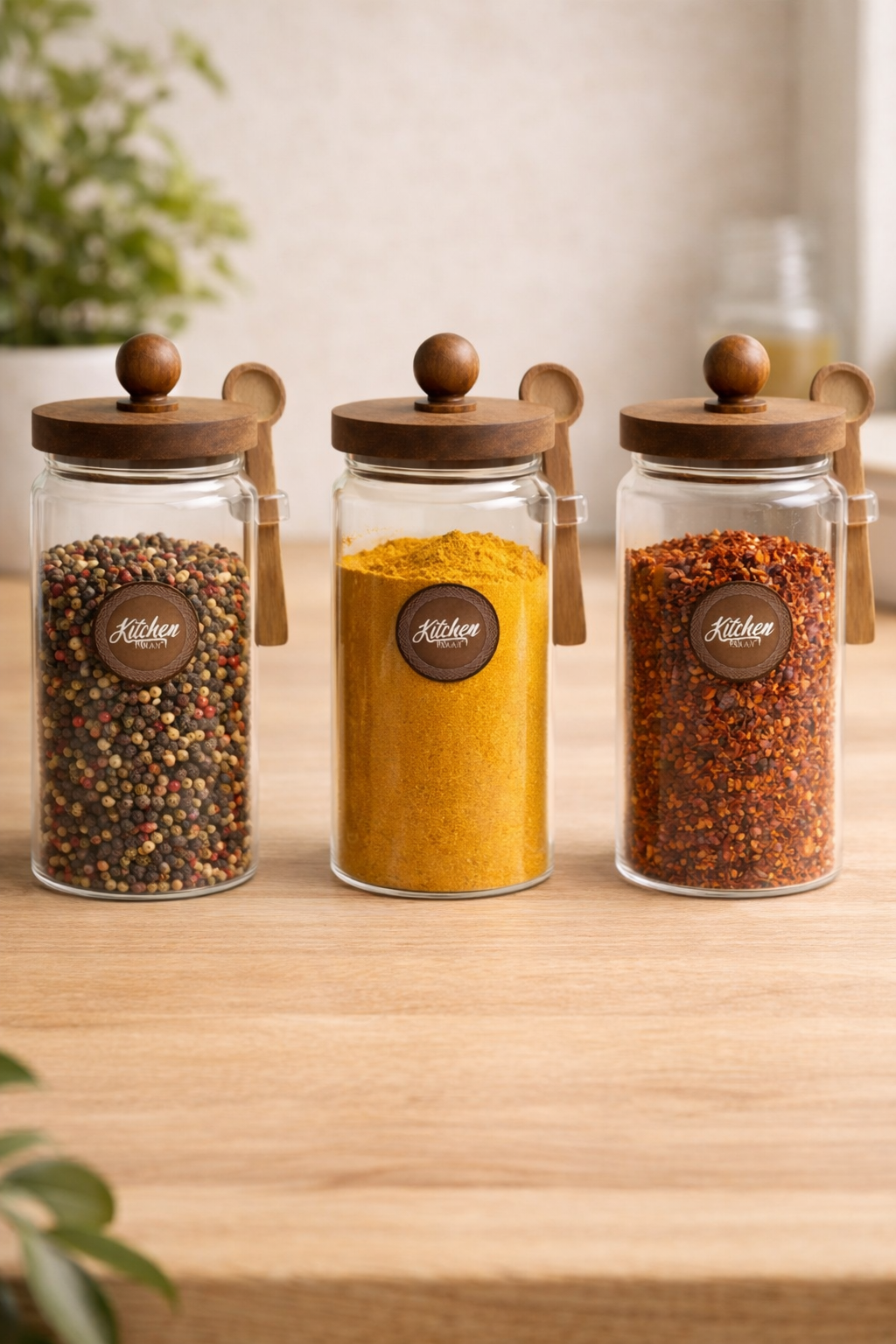 Akasya Kaşıklı Conta Kapaklı 3'lü Kavanoz Baharatlık Seti KW-737