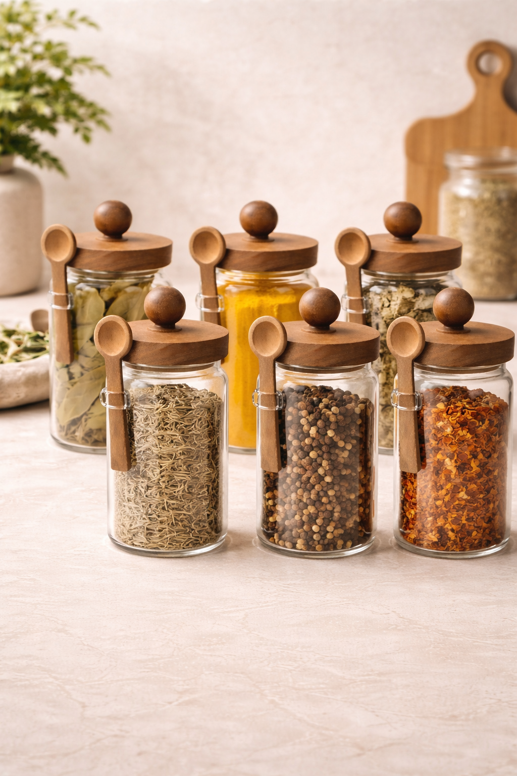 Akasya Kaşıklı Conta Kapaklı 6'lı Kavanoz Baharatlık Seti KW-736