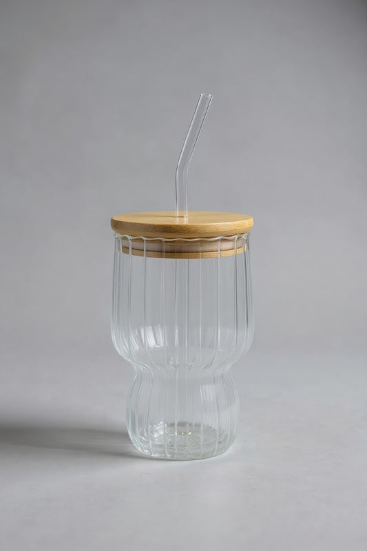 Çizgi Desenli Bambu Kapaklı Contalı Cam Pipetli Borosilikat Bardak KW-042